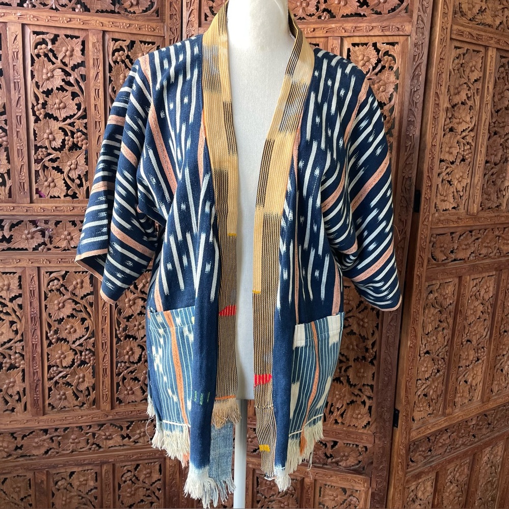 Vintage Handmade African Ikat Tribal Open Front Kimono with Fringe